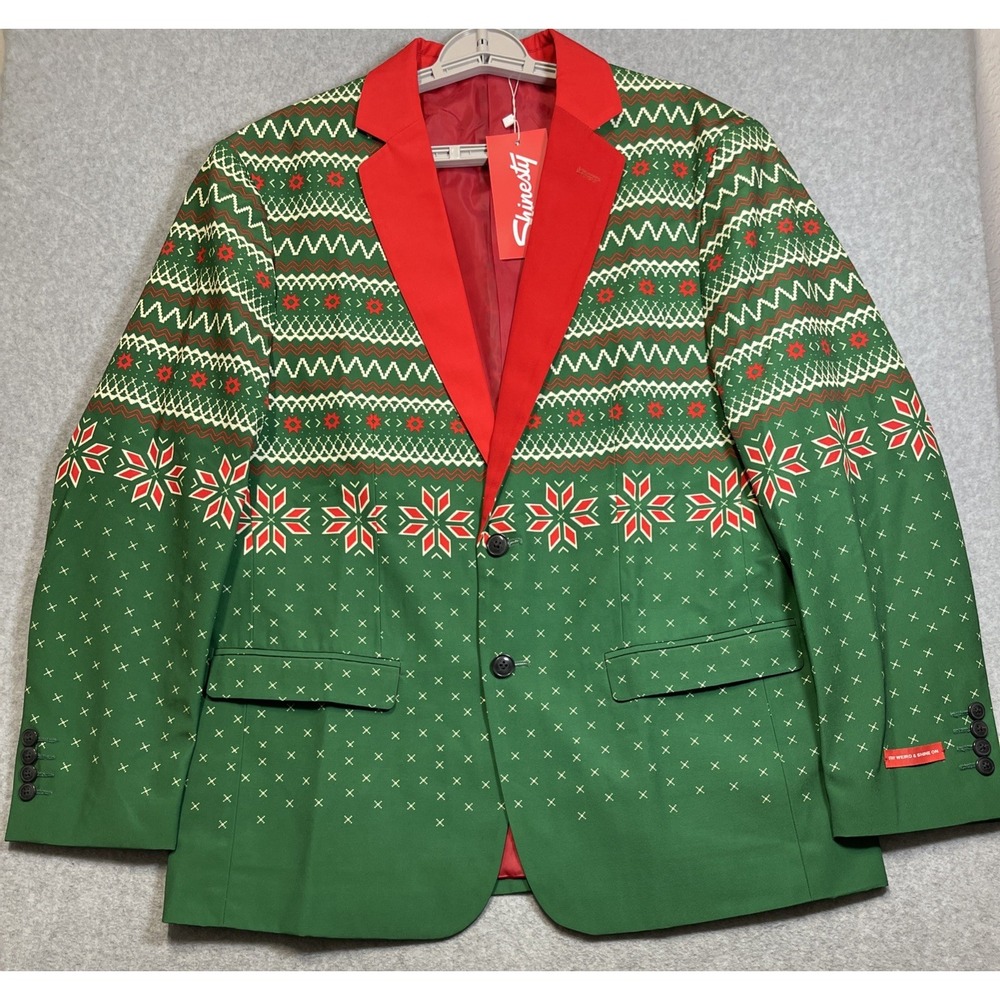 Shinesty Mens Christmas Suit Jacket Green/Red Sz 44 Santa Elf Gift Holiday Snow